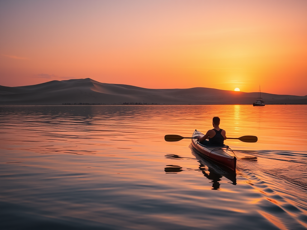 one person in kayak on the lake with sand dunes